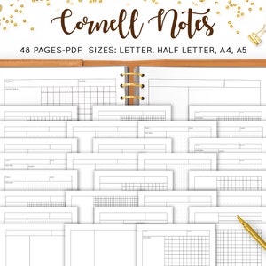 Peut inclure: Un carnet à spirales relié en cuir marron avec des pages blanches. Le carnet est ouvert pour révéler une variété de modèles de notes Cornell. Le texte sur la couverture indique "Cornell Notes" et "48 PAGES-PDF SIZES: LETTER, HALF LETTER, A4, A5".