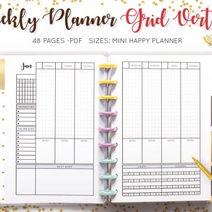 May include: A vertical weekly planner with a grid layout, open to a January spread. The planner includes sections for daily scheduling, to-do lists, and habit tracking. The cover text reads "Weekly Planner Grid Vertical".