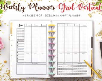 Planificador semanal Línea de cuadrícula sin fecha Diseño vertical Hoja de trabajo de 2 páginas Rastreador de hábitos Lista de tareas Mini Mambi Happy Planner Inserciones en disco HP PDF