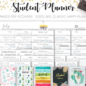 May include: A Student Planner with various pages for tracking assignments, notes, and goals. The planner includes multiple cover designs and is available in Big and Classic Happy Planner sizes. The image also shows a camera and a smartphone.