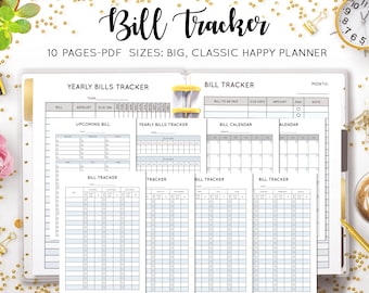 Bill Tracker Payment Expenses Organizer Worksheet Calendar Yearly Monthly Bill Planner Finance Mambi HP Happy Planner PDF Printable Inserts