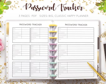 Password Tracker Log Password Organizer Password Keeper Password List Username Logbook Mambi Classic HP Big Happy Planner Printable Inserts