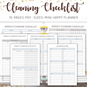 Cleaning Checklist, Cleaning Planner, Home Management, Weekly Monthly Schedule Routine Mini Mambi Discbound HP Happy Planner PDF Inserts
