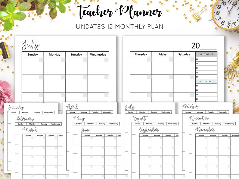 May include: A printable teacher planner featuring 12 monthly calendars, a to-do list, and a priority list. The planner is designed to help teachers organise their time and tasks.