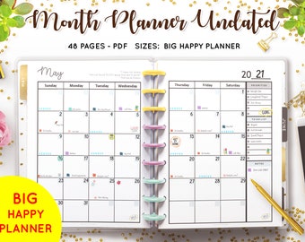 Planificador mensual sin fecha, organizador mensual, calendario, diseño de 2 páginas, vista general del mes, lista de tareas pendientes, planificador Mambi Big Happy, insertos HP, repuesto PDF