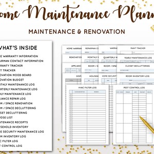 May include: A printable home maintenance planner with a white background and black text. The planner includes sections for home warranty information, repairman contact information, warranty tracker, paint tracker, renovation mood board, renovation budget, monthly maintenance log, quarterly maintenance log, yearly maintenance log, appliance repair log, room/space renovation, room/space decluttering, closet decluttering, dispose list, maintenance receipts, household inventory, home security maintenance log, room inventory log, HVAC filter log, and pest control log.
