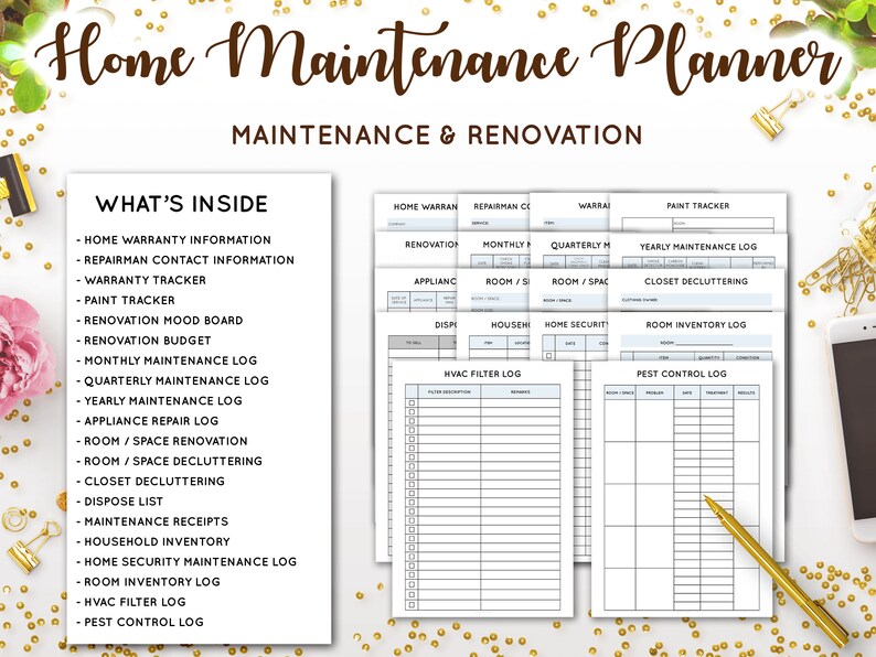 May include: A printable home maintenance planner with a white background and black text. The planner includes sections for home warranty information, repairman contact information, warranty tracker, paint tracker, renovation mood board, renovation budget, monthly maintenance log, quarterly maintenance log, yearly maintenance log, appliance repair log, room/space renovation, room/space decluttering, closet decluttering, dispose list, maintenance receipts, household inventory, home security maintenance log, room inventory log, HVAC filter log, and pest control log.