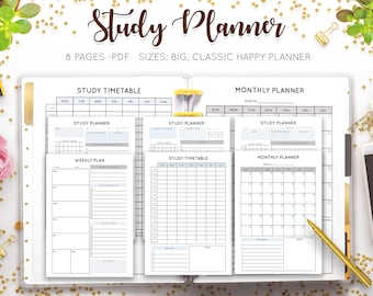 May include: A black and white printable study planner with 8 pages. The planner includes a study timetable, weekly plan, and monthly planner pages. The planner is designed for students to help them organise their studies.