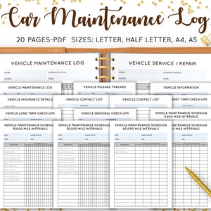 Car Maintenance Log, Vehicle Maintenance, Car Log Book, Car Maintenance Printable, Auto Repair, Checklist, Letter, A4, A5 Inserts PDF Refill