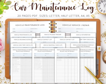 Journal d'entretien de voiture, entretien du véhicule, carnet de bord de voiture, entretien de voiture imprimable, réparation automobile, liste de contrôle, lettre, A4, A5 Inserts PDF Refill