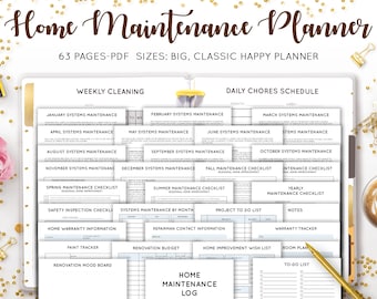 Home Maintenance Checklist, Home Management Binder, Home Renovation Planner Printable, Improvement, Mambi Happy Planner HP Insert PDF Refill