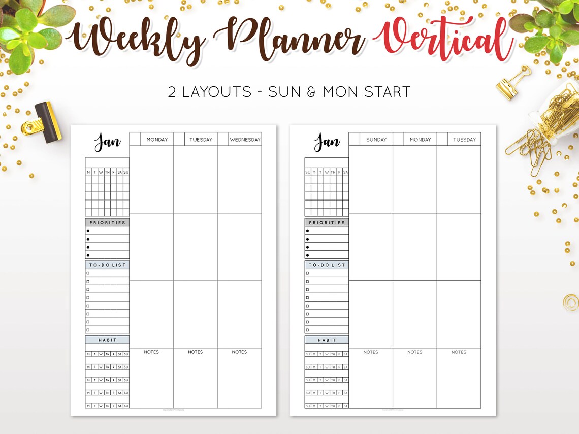 Weekly Planner Undated Vertical Layout 2 Page Worksheet Agenda ...