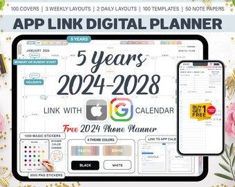 Digital Planner, Goodnotes Planner, 2024 2025 -2028, Five Year Planner, iPad Planner, Notability Planner, Hyperlinked Planner, Daily planner