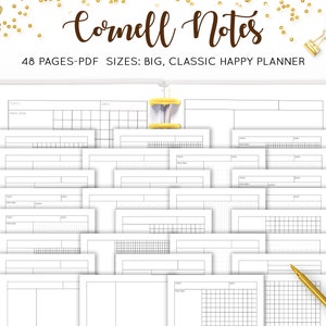 Cornell Note Template, Cornell Notes Method Paper, Note Taking Printable, Dot Grid, Lined, Isometric, Mambi Happy Planner Inserts PDF Refill