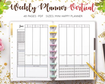 Planificador semanal Diseño vertical sin fecha Organizador de hojas de trabajo de 2 páginas Rastreador de hábitos Lista de tareas Mambi Discbound Mini Happy Planner HP Inserts PDF