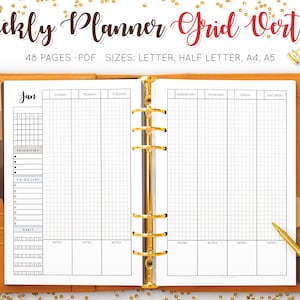 Weekly Planner Undated Grid line Vertical Layout 2 Page Worksheet Agenda Organizer Habit Tracker To Do List DIY Printable Inserts PDF Refill