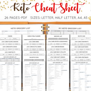 May include: A white binder with a brown cover and a silver ring binder mechanism. The binder contains several pages with black text and gray boxes. The text on the pages includes "Keto Grocery List", "Weekly Meal Planner", "My Keto Grocery List", "Grocery List", and "Recipe Card".