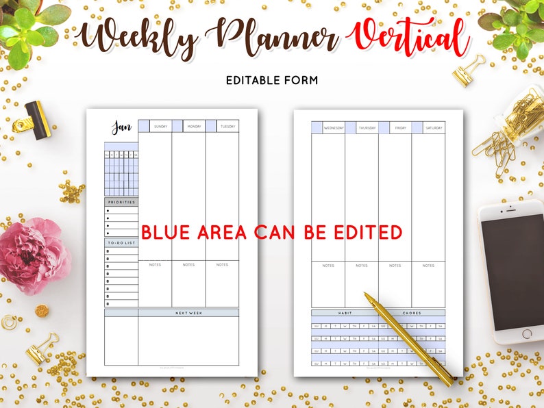 Weekly Planner Undated Vertical Layout 2 Page Worksheet Organizer Habit ...