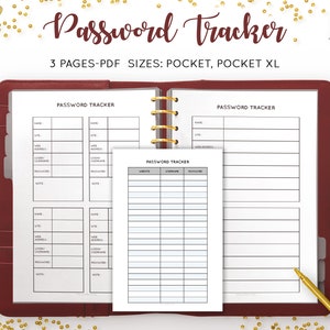 Password Tracker, Password Log, Password Keeper, Password Printable, Password Template, Password Organizer, Pocket XL, PDF Inserts Refill