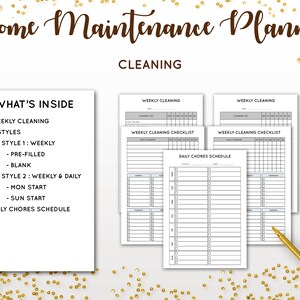 May include: A printable home maintenance planner with a gray and white color scheme. The planner includes sections for weekly cleaning checklists, daily chores schedules, and a "What's Inside" section that lists the different styles and options available.