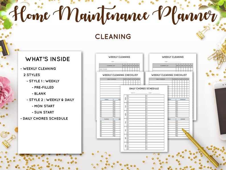 May include: A printable home maintenance planner with a gray and white color scheme. The planner includes sections for weekly cleaning checklists, daily chores schedules, and a "What's Inside" section that lists the different styles and options available.