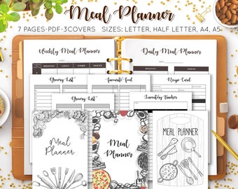 May include: A collection of printable meal planner pages, including weekly and daily planners, grocery lists, and recipe cards. The pages are in black and white with decorative borders and the words "Meal Planner" in elegant script. The planner is held in a brown binder.