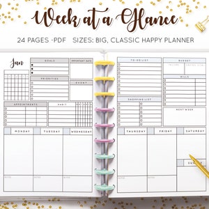 Week at a Glance, Weekly Planner Undated, Worksheet Template, Organizer Budget Habit Tracker Printable Mambi Happy Planner HP Insert Refill