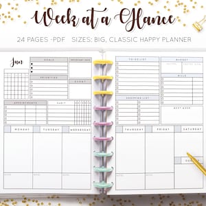 Week at a Glance, Weekly Planner Undated, Worksheet Template, Organizer Budget Habit Tracker Printable Mambi Happy Planner HP Insert Refill