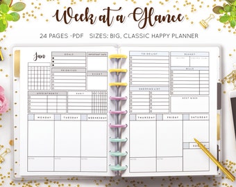 Week at a Glance, Weekly Planner Undated, Worksheet Template, Organizer Budget Habit Tracker Printable Mambi Happy Planner HP Insert Refill