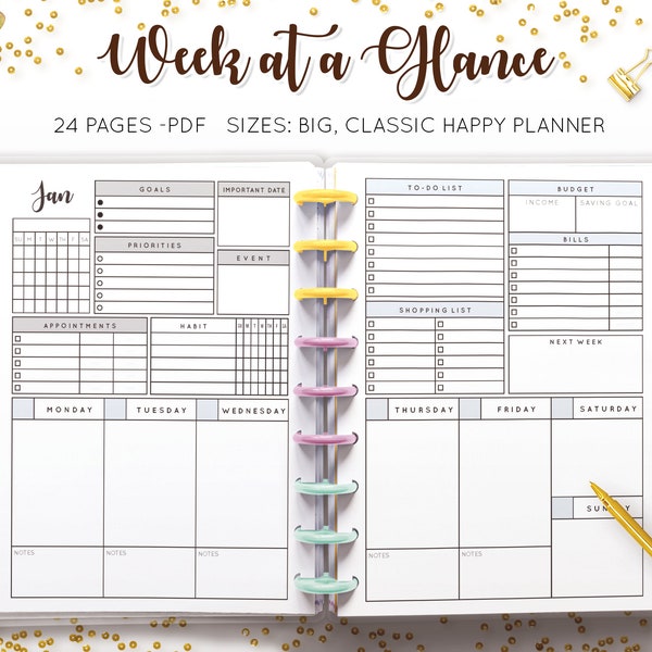 Week at a Glance, Weekly Planner Undated, Worksheet Template, Organizer Budget Habit Tracker Printable Mambi Happy Planner HP Insert Refill