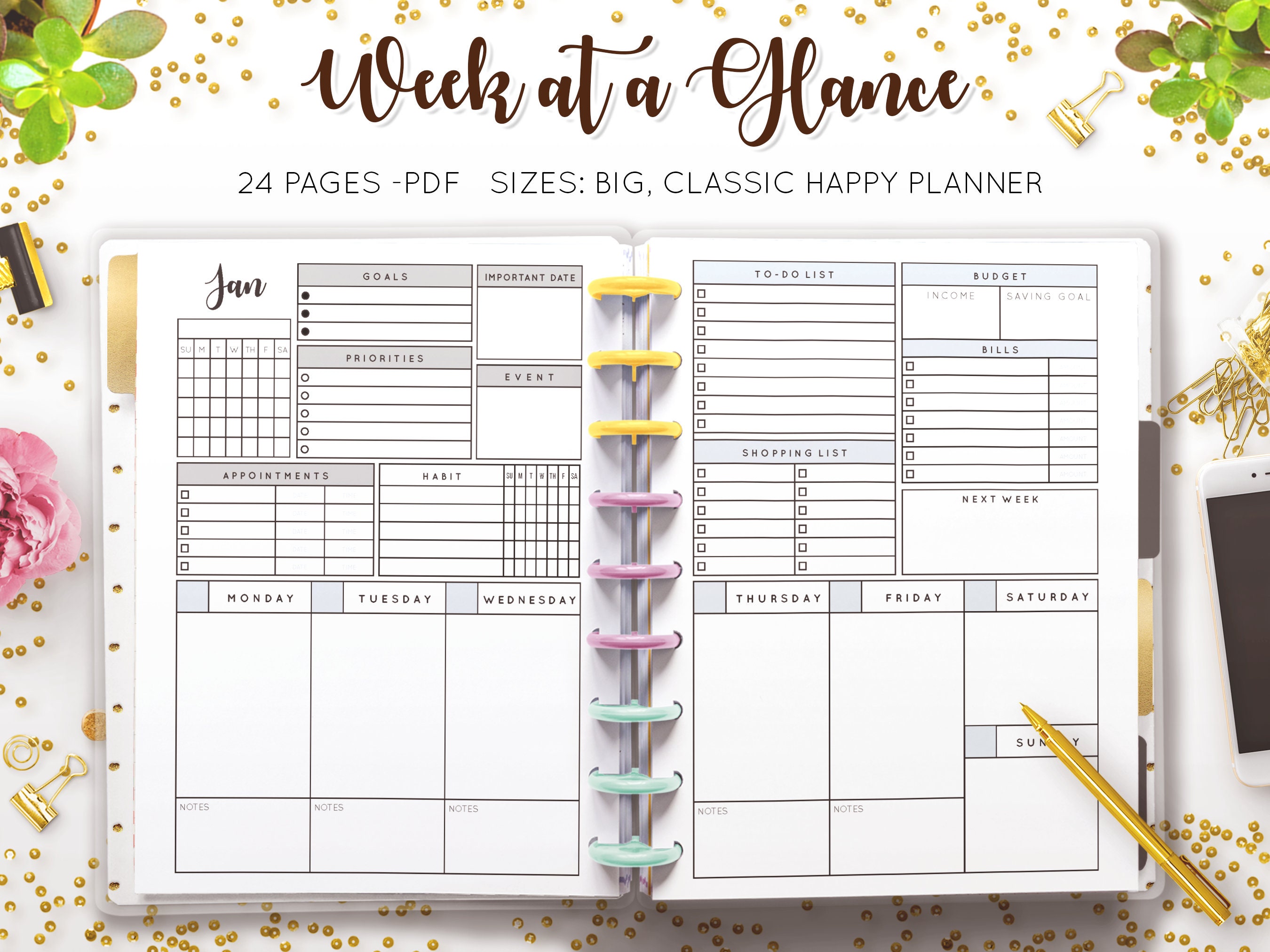 Week at a Glance Weekly Planner Undated Worksheet Template - Etsy UK