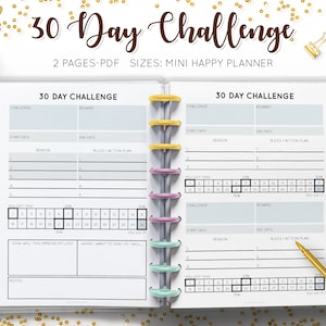 Könnte beinhalten: Ein druckbarer 30-Tage-Challenge-Planer mit zwei Seiten. Der Planer enthält Abschnitte für Challenge, Belohnung, Startdatum, Enddatum, Grund, Regeln und Aktionsplan. Er enthält auch ein Raster zur Verfolgung des Fortschritts.