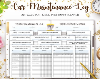 Car Maintenance Log, Vehicle Maintenance, Car Log Book, Car Maintenance Printable, Checklist, Mambi Mini HP Happy Planner Insert Refill PDF