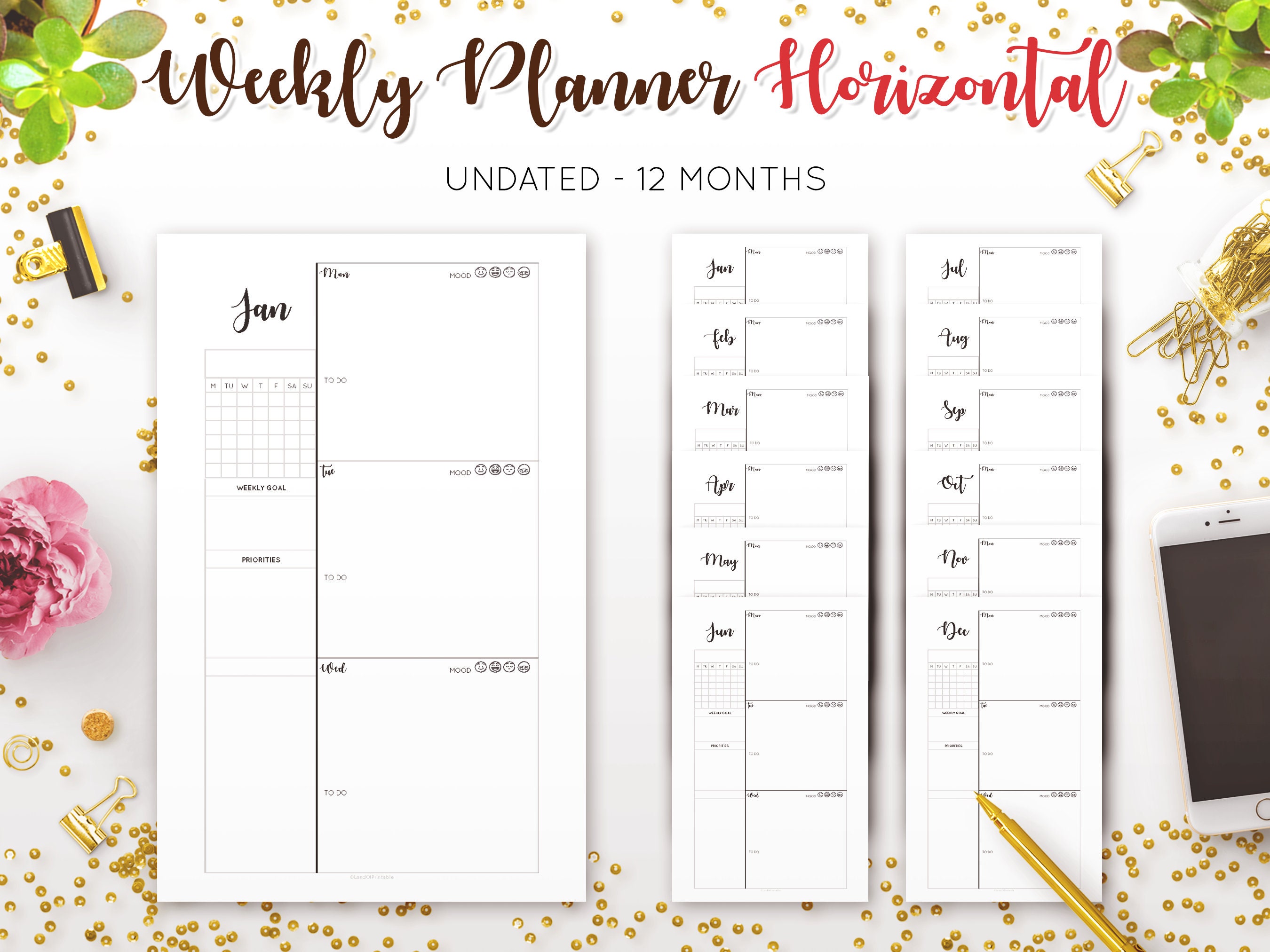 Weekly Planner Undated Horizontal Layout 2 Page Agenda Organizer Habit ...