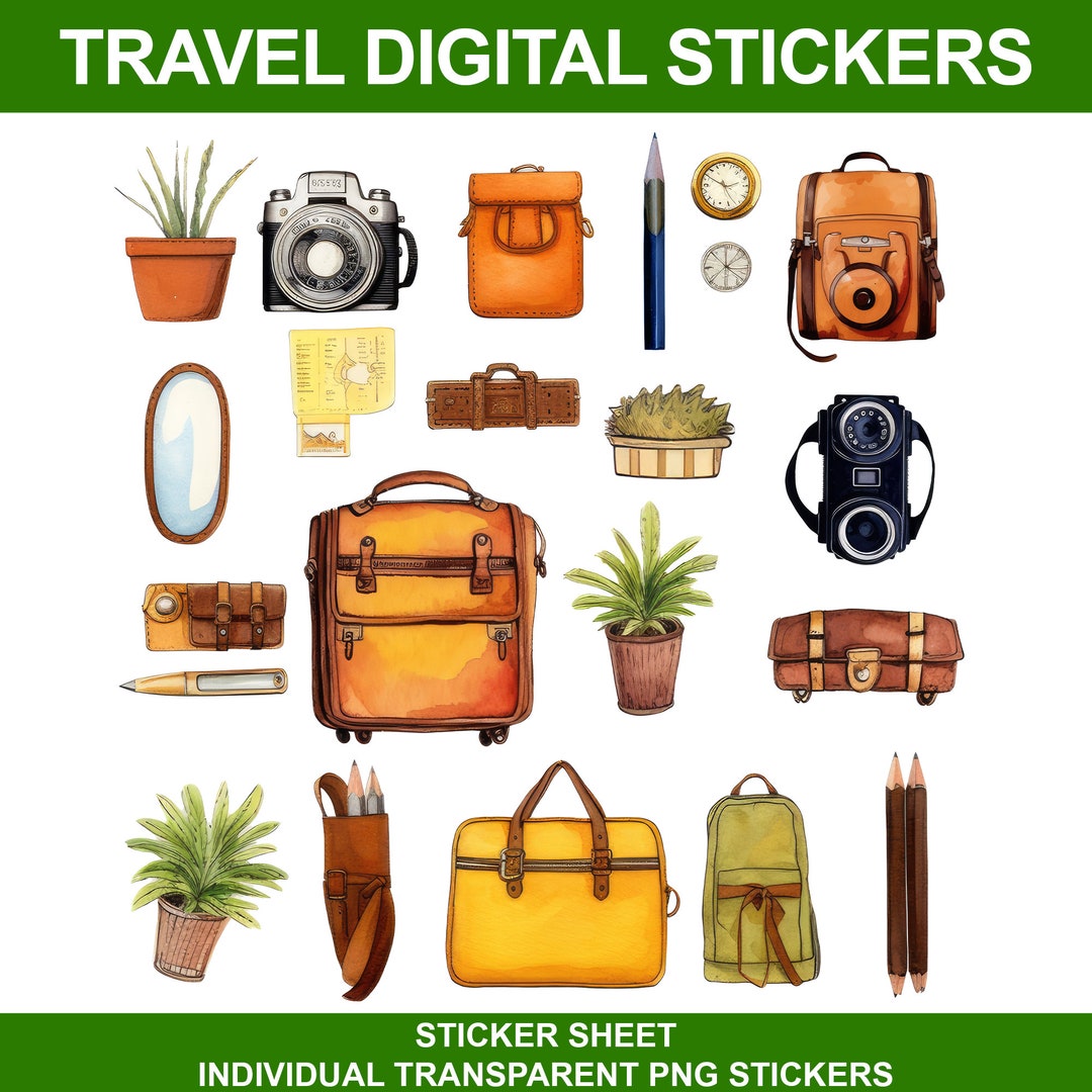 旅行用ステッカー：ヴィンテージカメラ、スーツケース、植物（PNG デジタルダウンロード） - Etsy 日本, image size:1080x1080