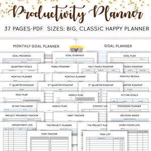 Könnte beinhalten: Ein weißer Produktivitätsplaner mit verschiedenen Planungsseiten, darunter Zielverfolgungen, Wochenpläne und Projektfortschrittsverfolgungen. Der Planer enthält den Text "Productivity Planner" und "37 PAGES-PDF SIZES: BIG, CLASSIC HAPPY PLANNER".