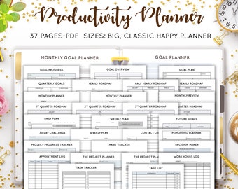 May include: A white Productivity Planner with various planning pages, including goal trackers, weekly plans, and project progress trackers. The planner includes the text "Productivity Planner" and "37 PAGES-PDF SIZES: BIG, CLASSIC HAPPY PLANNER".