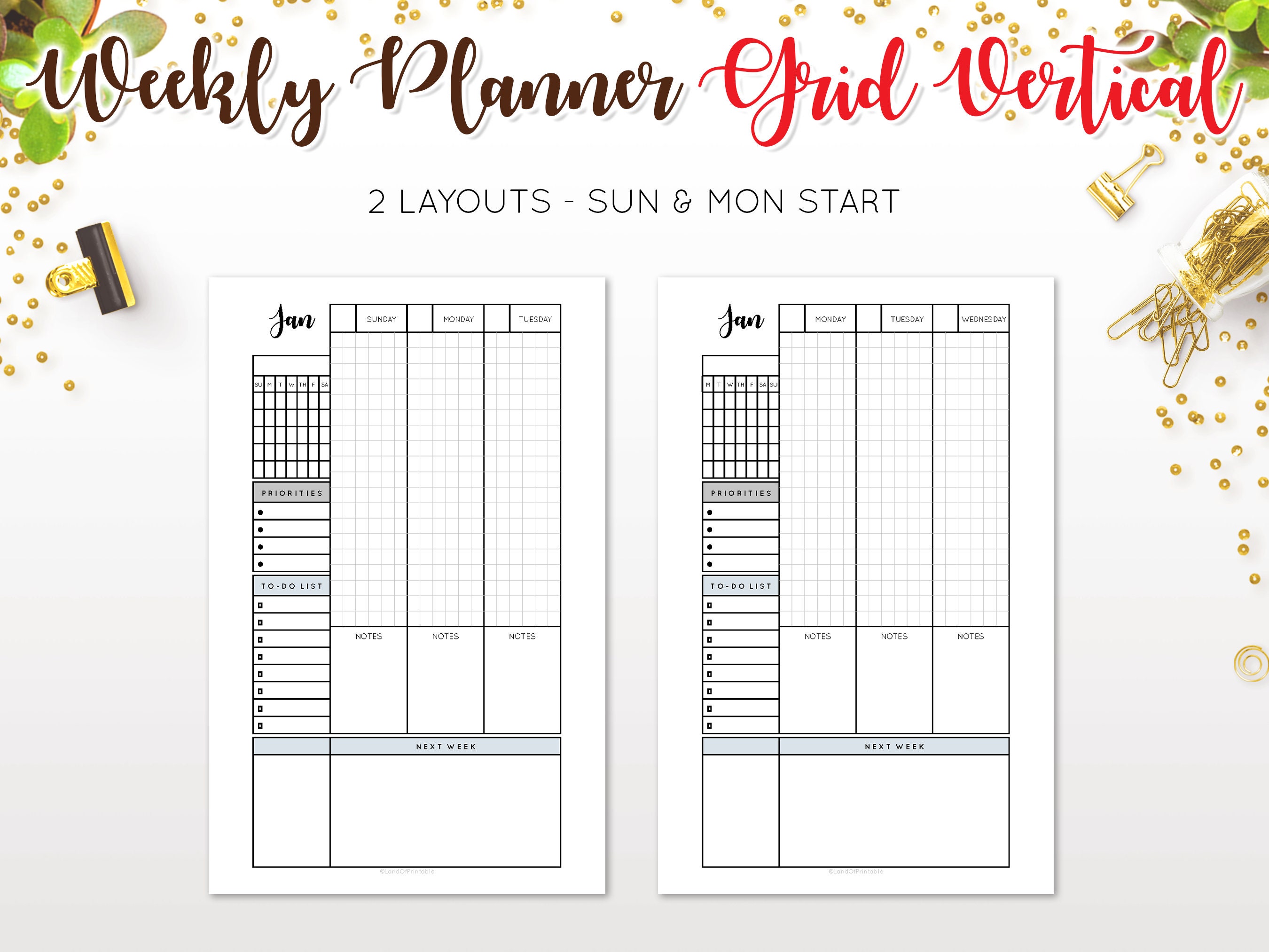 Planner Grid Line Weekly Planner Undated Grid Line Vertical Layout 2 Page - Etsy