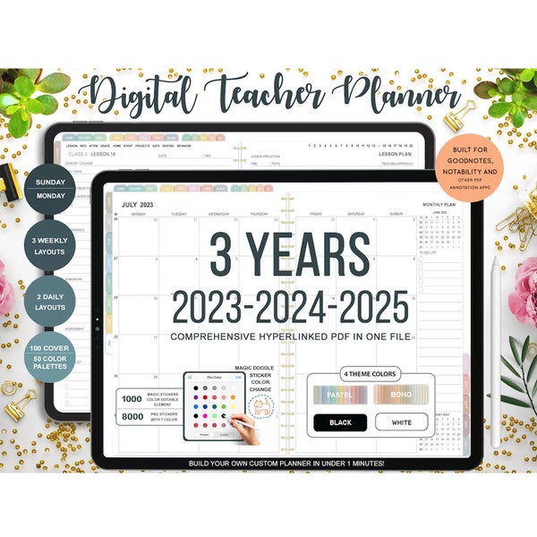 Digital Teacher Planner, 2023 2024 2025 Digital Planner, Goodnotes Planner, School Planner, Academic Planner, Back to School, Daily Planner