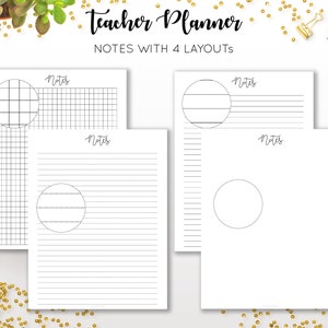 May include: Four printable pages with different note-taking layouts for teachers. Each page has the word "Notes" at the top and includes a circle in the middle. The layouts include grid, lined, and blank pages.