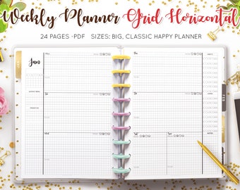 Tygodniowy planer Bez daty Siatka linii Układ poziomy 2-stronicowy organizer agendy Śledzenie nawyków Lista rzeczy do zrobienia Mambi Happy Planner HP Wkładka PDF Uzupełnienie