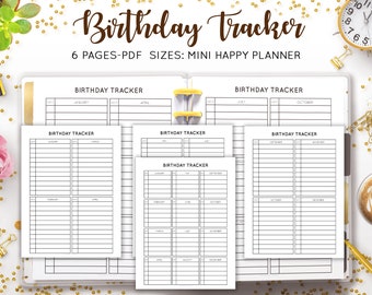 May include: A white planner with the words "Birthday Tracker" in brown script. The planner includes six pages with sections for each month, designed for a Mini Happy Planner. Gold accents and a clock are visible in the background.