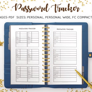 May include: A blue leather-bound password tracker notebook with gold spiral binding. The open pages display a fill-in-the-blank format for website, username, password, and notes. The cover has the words "Password Tracker".