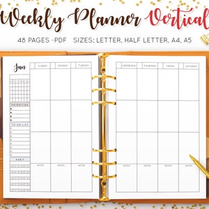 May include: A weekly planner with a vertical layout. The planner is open to January and has sections for Sunday through Saturday. It also includes sections for priorities, to-do list, and habits.