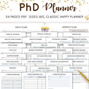 May include: A black and white printable PhD planner with 54 pages. The planner includes sections for daily, weekly, monthly, and yearly planning. It also includes sections for project planning, research, writing, and thesis progress.