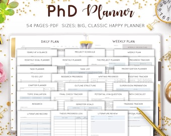 May include: A black and white printable PhD planner with 54 pages. The planner includes sections for daily, weekly, monthly, and yearly planning. It also includes sections for project planning, research, writing, and thesis progress.