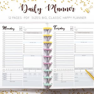 Daily Planner Printable Daily Schedule Undated Agenda Template Weekly Hourly Planner Health Tracker Mambi Happy Planner HP Insert PDF Refill