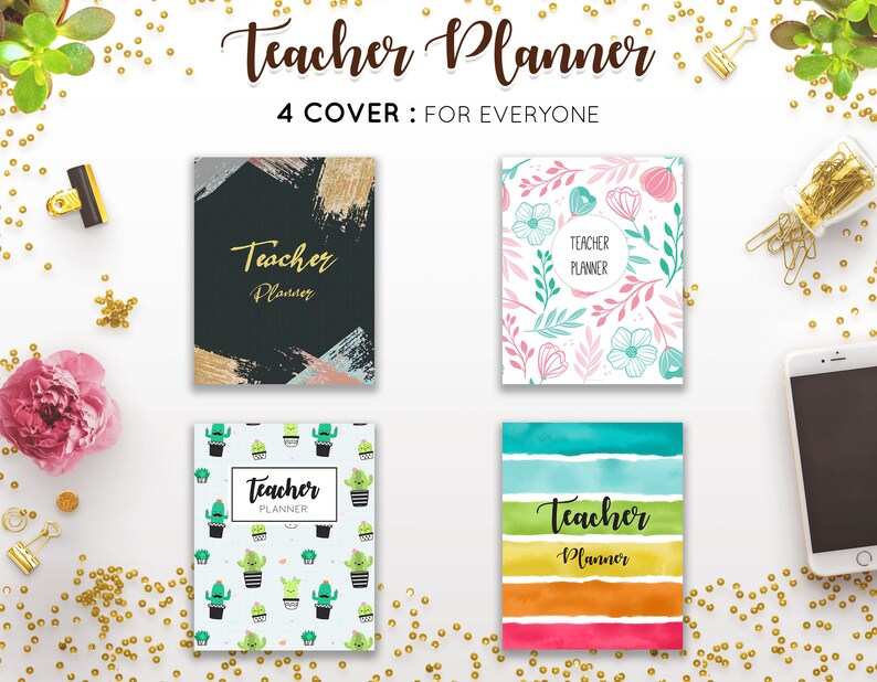 May include: Four different cover designs for a teacher planner. The covers feature a black and gold abstract design, a floral pattern with pink and green flowers, a white background with green cactus illustrations, and a colourful watercolour stripe design.