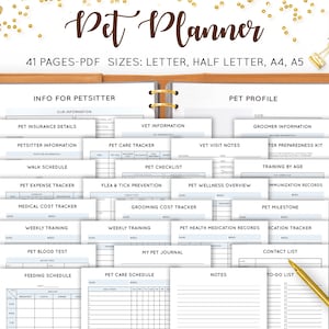 May include: A printable pet planner with 41 pages in PDF format. The planner includes sections for pet insurance details, vet information, pet care tracker, walk schedule, pet expense tracker, medical cost tracker, weekly training, pet blood test, feeding schedule, pet care schedule, notes, and to-do list.