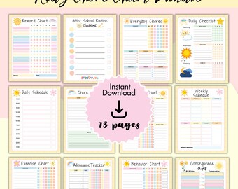 Peut inclure: Un lot de 73 tableaux de tâches imprimables pour enfants. Les tableaux présentent une variété de thèmes, notamment des tableaux de récompenses, des listes de contrôle quotidiennes et des horaires hebdomadaires. Les tableaux sont conçus avec une esthétique vive et colorée, mettant en vedette des soleils, des arcs-en-ciel et des étoiles.